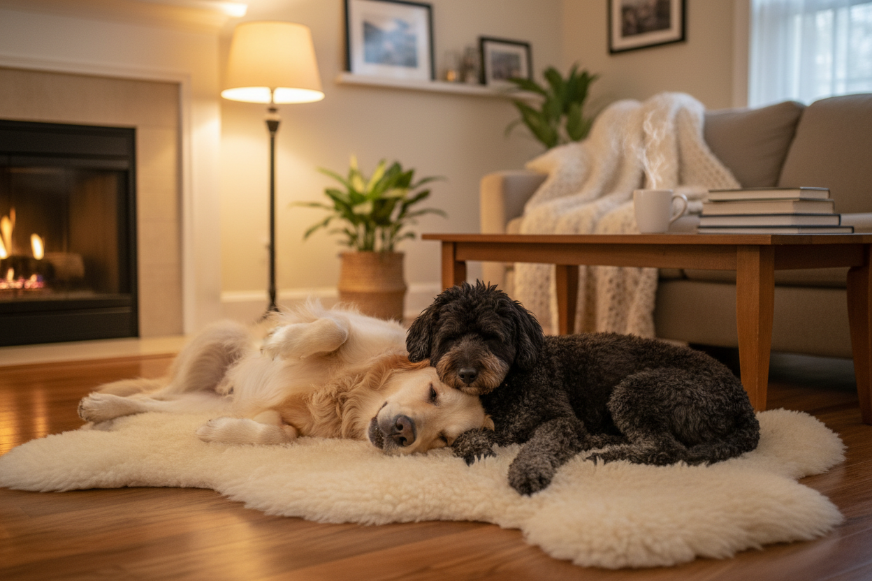 Two dogs lying down indoors